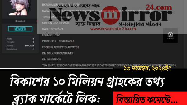 বিকাশের ১০ মিলিয়ন গ্রাহকের তথ্য ব্ল্যাক মার্কেটে লিক: